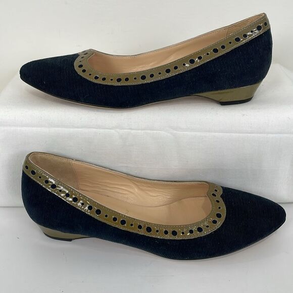 Butter Women’s Corduroy Flats 6.5 Leather Trim Kitten Heel Black Tan - Picture 6 of 7